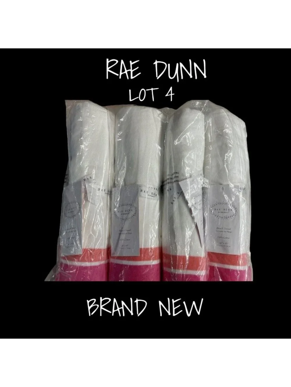 Rae Dunn Beach Towels Lot of 4 - White & Pink 36x68, New with Tag